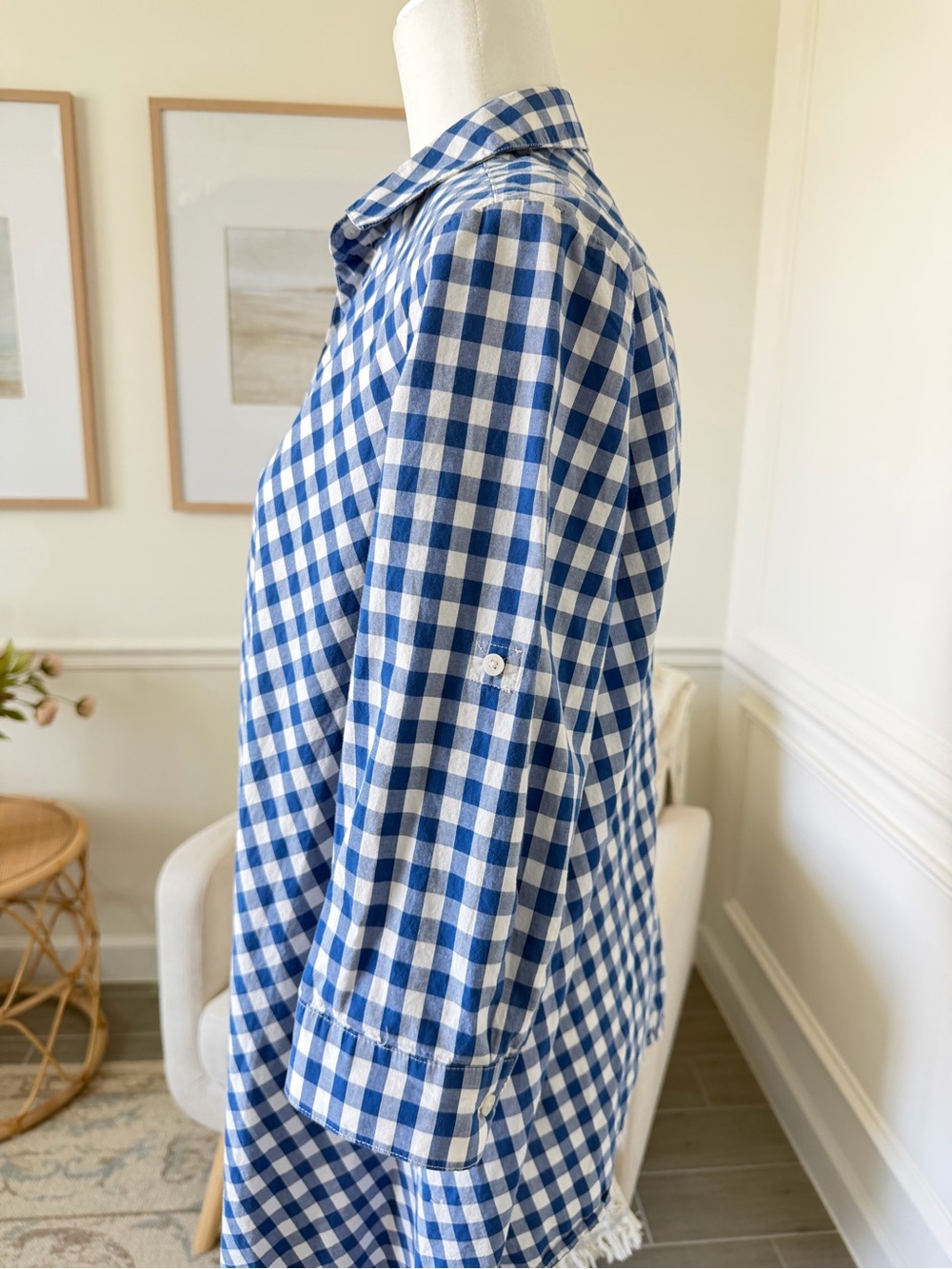 Anne Klein Blue Gingham Shirt Coastal Preppy Hamptons Chic Roll Tab Euro Summer - Picture 3 of 15